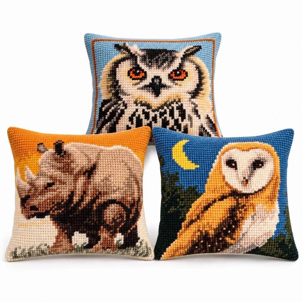 Vervaco Cross Stitch Cushion Kits Lot of 3 Owls And Rhino 16x16 Missing Needle